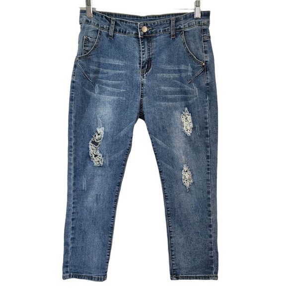 UBU Vintage High-Rise Cropped Jeans Whiskered Distressed Size 32 Tag - Picture 1 of 11